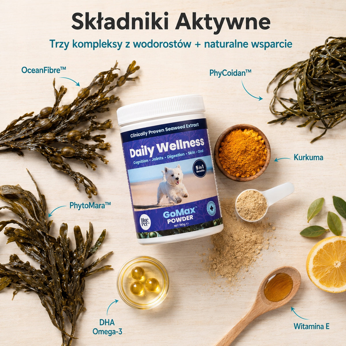 Suplement Na Stawy Skórę Trawienie Dla Psa 5w1 | Wodorosty | Proszek 180g