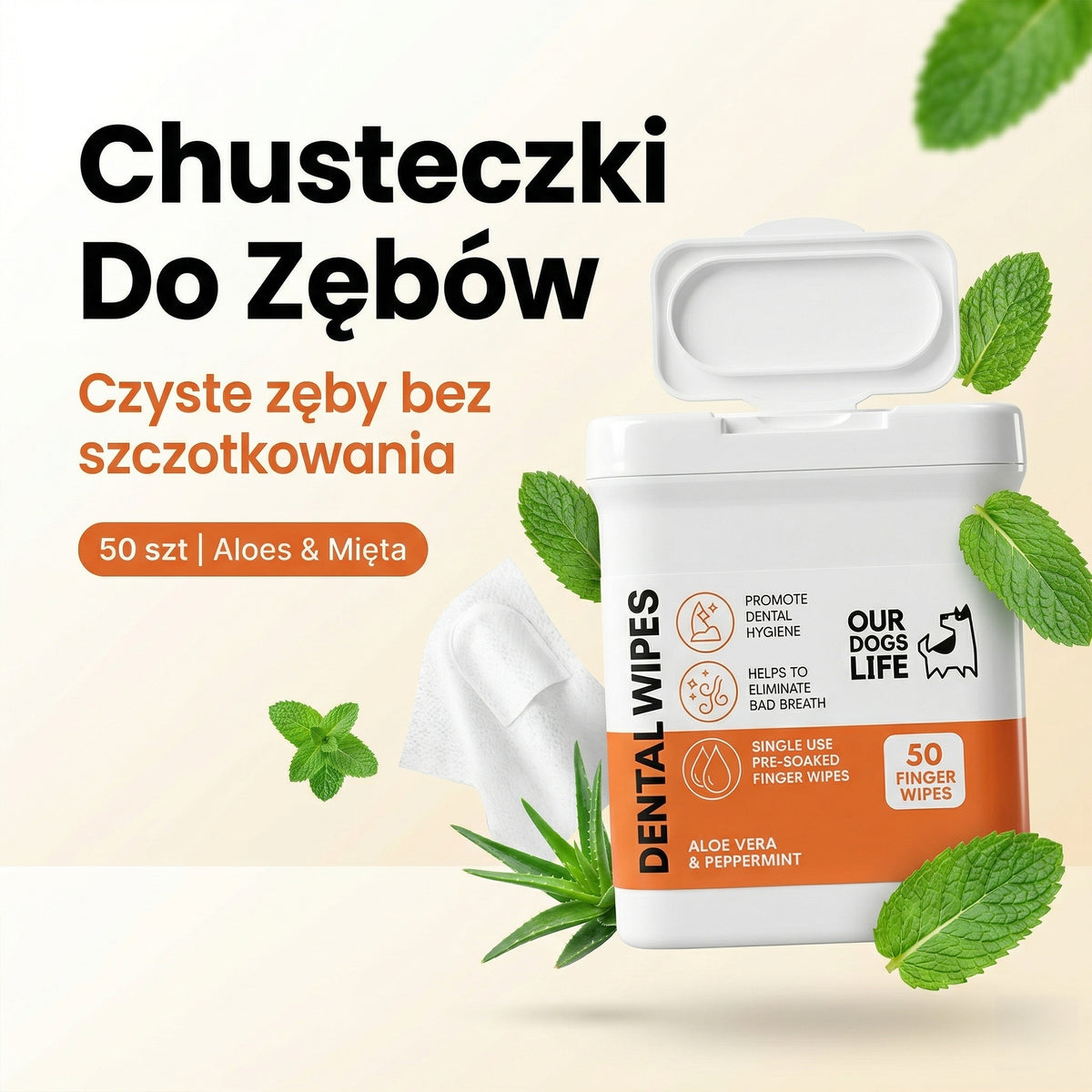 Chusteczki Do Zębów Dla Psa | Czyści Kamień i Odświeża Oddech | 50 szt
