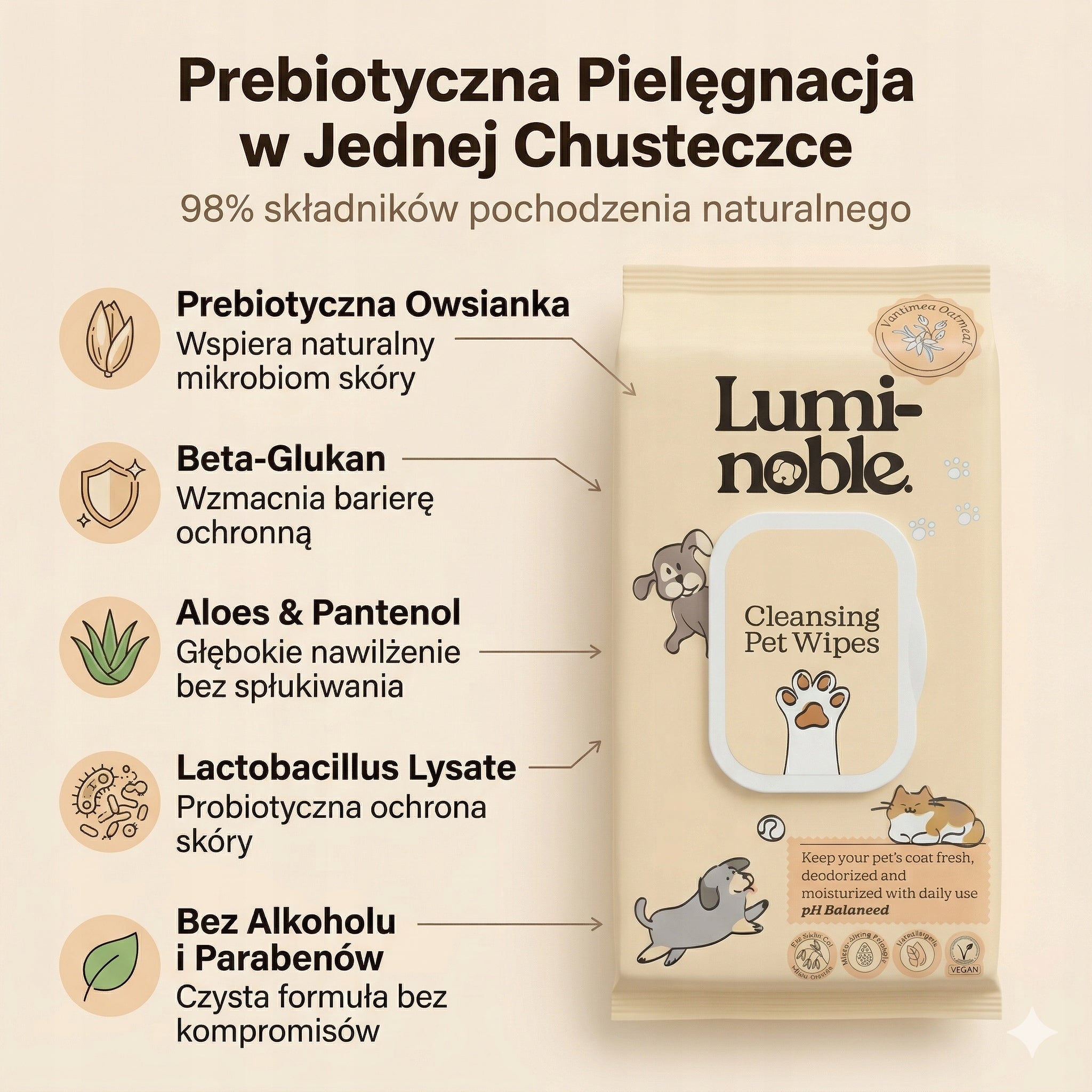Chusteczki nawilżane dla psa i kota 100szt prebiotyczne hipoalergiczne
